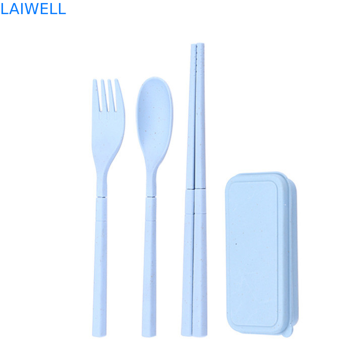 Eco Wheat Straw Fiber Blue Foldable 3-PC Flatware Set Accenti di stoviglie sostenibili Personalizzabili e riutilizzabili per il tuo business eco-friendly