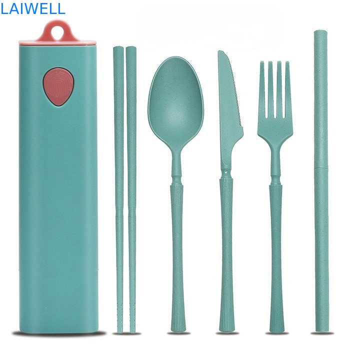 Green Sustainable Wheat Straw Fiber 5-PC Pull Out Cutlery Set Eco Reusable Tableware Accessori Design elegante per usi multipli