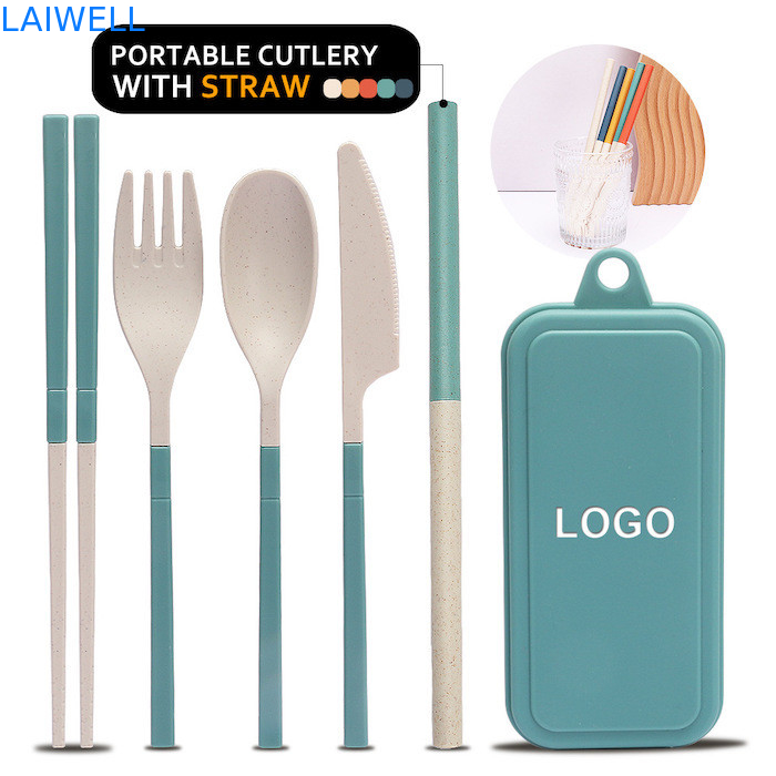 Set di posate portatili in fibra di paglia di grano verde da 5 PC, versatili, biodegradabili, accessori per posate, sostenibili e adatti a pasti caldi e freddi
